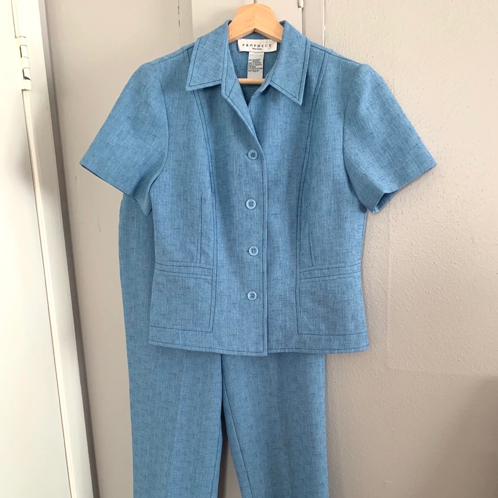 90s/y2k Cornflower blue short sleeve pant suit set
